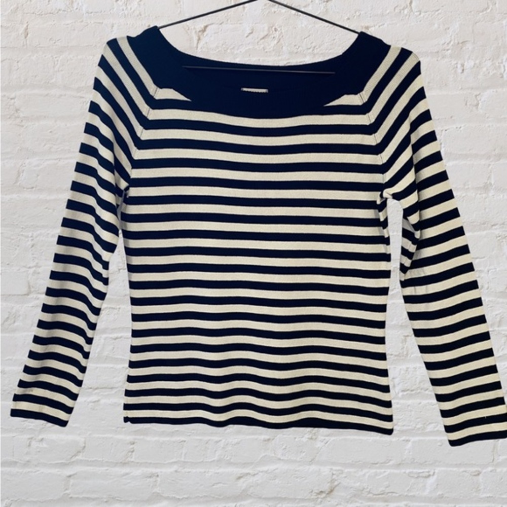 Chico's Black and White Striped Crew Neck Sweater
